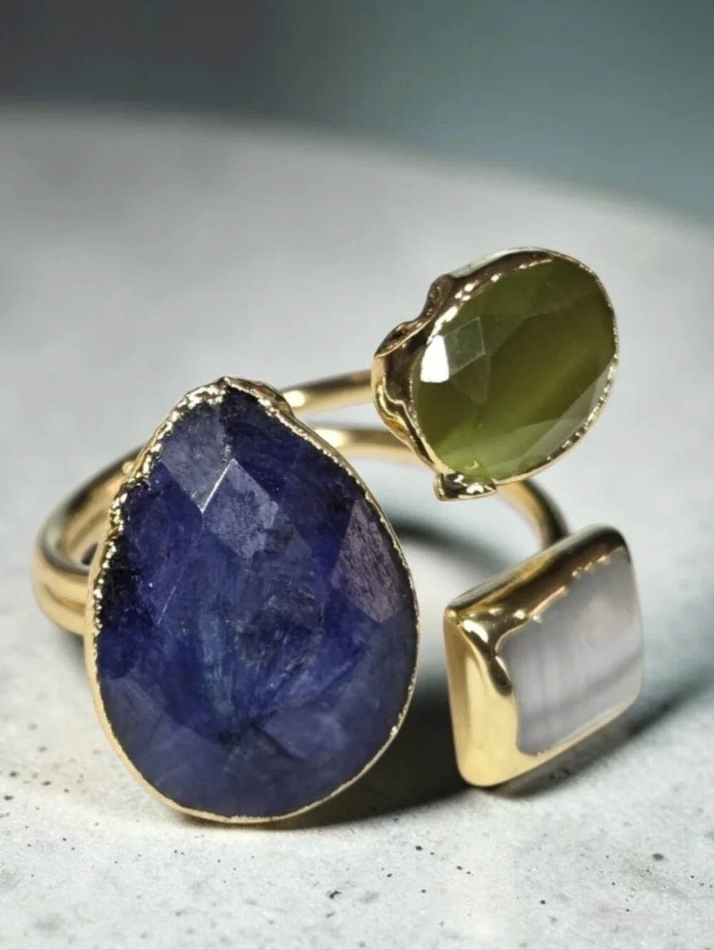 18k Gold Plated Artisan Genuine Sapphire & Peridot Clear Cats Eye Stone Ring